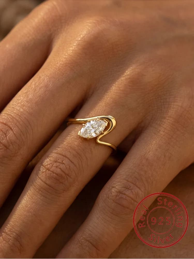 925 Sterling Silver Simple Ripple Marquise Zircon Ring For Women Engagement Anniversary Wedding Party High Quality Fine Jewelry