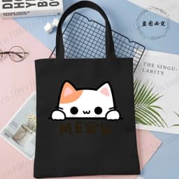 Cartoon Cat Printed Women's Canvas Single Shoulder Handbag Cartoon Animal Commuter Shopping Bag Reusable Handbag