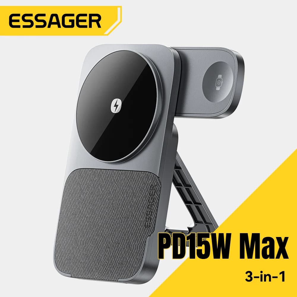Essager 3-in-1 Portable Folding Wireless Charger Stand 15W Magnetic for iPhone 1716/15 AirPods Apple Watch MagSafe Fast Charging