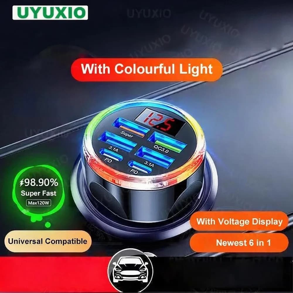 UYUXIO 6 in 1 USB C Car Charger with Volt Meter Multi Port Fast Charge Adapter with Voltage Display for iPhone 17 16 Samsung