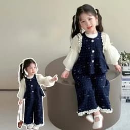 Bear Leader Children's Clothing Autumn Imitation Denim Ruffle Girls Clothes Bow Printed Vest+Long Sleeved Shirt+Pants 3 Pcs Set
