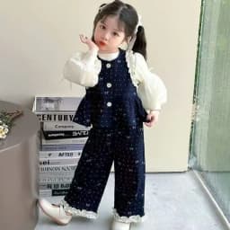 Bear Leader Children's Clothing Autumn Imitation Denim Ruffle Girls Clothes Bow Printed Vest+Long Sleeved Shirt+Pants 3 Pcs Set
