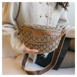 Chic Waist Crossbody Bag with Dual Chain Details, Simple Chest Bag, Stylish Wide Strap & Sleek Zip Closure Suitable Everyday Use