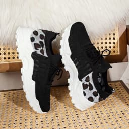 Women's Spring Autumn Knitted Thick Sole Sneakers Leopard Print Patchwork Breathable Flying Woven Lace‑Up Casual Walking Shoes