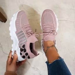 Women's Spring Autumn Knitted Thick Sole Sneakers Leopard Print Patchwork Breathable Flying Woven Lace‑Up Casual Walking Shoes