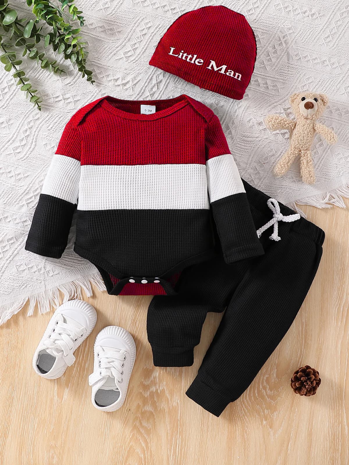 Simple Color Block Knitted Style Autumn Winter Baby Boy 3-Piece Set (Top + Pants + Beanie) 0-18 Months Multi-Scene Wear for Home