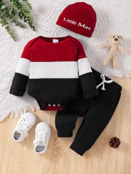 Simple Color Block Knitted Style Autumn Winter Baby Boy 3-Piece Set (Top + Pants + Beanie) 0-18 Months Multi-Scene Wear for Home