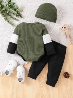 Simple Color Block Knitted Style Autumn Winter Baby Boy 3-Piece Set (Top + Pants + Beanie) 0-18 Months Multi-Scene Wear for Home