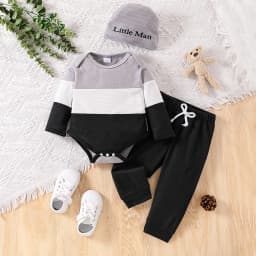 Simple Color Block Knitted Style Autumn Winter Baby Boy 3-Piece Set (Top + Pants + Beanie) 0-18 Months Multi-Scene Wear for Home