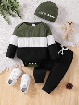 Simple Color Block Knitted Style Autumn Winter Baby Boy 3-Piece Set (Top + Pants + Beanie) 0-18 Months Multi-Scene Wear for Home