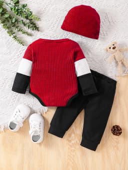 Simple Color Block Knitted Style Autumn Winter Baby Boy 3-Piece Set (Top + Pants + Beanie) 0-18 Months Multi-Scene Wear for Home