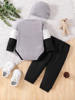 Simple Color Block Knitted Style Autumn Winter Baby Boy 3-Piece Set (Top + Pants + Beanie) 0-18 Months Multi-Scene Wear for Home