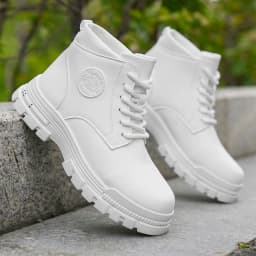 Men's Fashionable All-Season White Motorcycle Boots Autumn Winter Outdoor Hiking Mountaineering Shoes Durable Comfortable