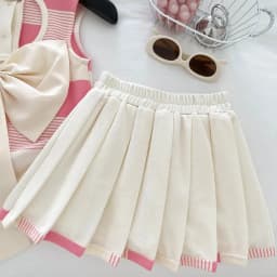 Pink 2-9 Years Girl Clothes Fashion Fold-over Collar Striped Love Print T-shirt + Pleated Skirt 2 Pcs Set Back Bow Decoration