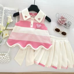 Pink 2-9 Years Girl Clothes Fashion Fold-over Collar Striped Love Print T-shirt + Pleated Skirt 2 Pcs Set Back Bow Decoration