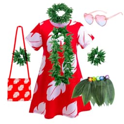 Lilo Costume for Girls Hawaii Princess Red Leaves Dress Up Outfits with Garland Kids Halloween Carnival Party Dresses