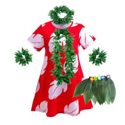 Lilo Costume for Girls Hawaii Princess Red Leaves Dress Up Outfits with Garland Kids Halloween Carnival Party Dresses