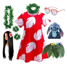 Lilo Costume for Girls Hawaii Princess Red Leaves Dress Up Outfits with Garland Kids Halloween Carnival Party Dresses