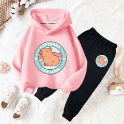Capybara drink bubble tea fun print girls fashion set kids fall and winter casual comfortable warm hoodie + pants two-piece set
