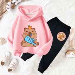 Capybara drink bubble tea fun print girls fashion set kids fall and winter casual comfortable warm hoodie + pants two-piece set