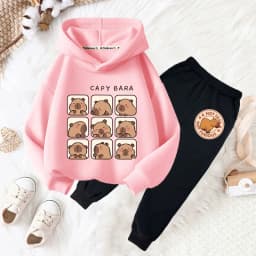 Capybara drink bubble tea fun print girls fashion set kids fall and winter casual comfortable warm hoodie + pants two-piece set