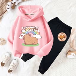 Capybara drink bubble tea fun print girls fashion set kids fall and winter casual comfortable warm hoodie + pants two-piece set