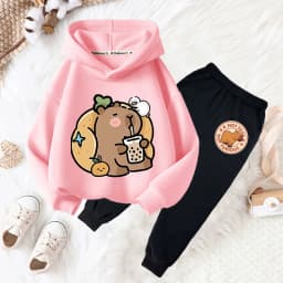 Capybara drink bubble tea fun print girls fashion set kids fall and winter casual comfortable warm hoodie + pants two-piece set