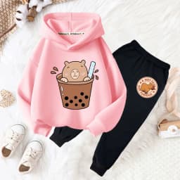 Capybara drink bubble tea fun print girls fashion set kids fall and winter casual comfortable warm hoodie + pants two-piece set