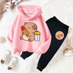 Capybara drink bubble tea fun print girls fashion set kids fall and winter casual comfortable warm hoodie + pants two-piece set