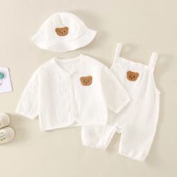 3Pcs Muslin Baby Jumpsuit Coat Hat Bear Baby Summer Clothes Set Kids Coat Romper White Toddler Outfit Suit Infant Clothing 0-3T
