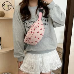 Waist Bag Women Men Corduroy Fanny Pack Strawberries Pocket Fashion Chest Handbag Sports Travel Purse Plaid WaistPack Belly Bags