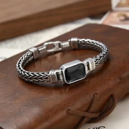 New Silver Color Couple Style Hand-Knitted Bracelet Old Vintage Black Stone Men Personalized Versatile 5MM Chain Fashion Jewelry
