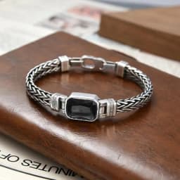 New Silver Color Couple Style Hand-Knitted Bracelet Old Vintage Black Stone Men Personalized Versatile 5MM Chain Fashion Jewelry