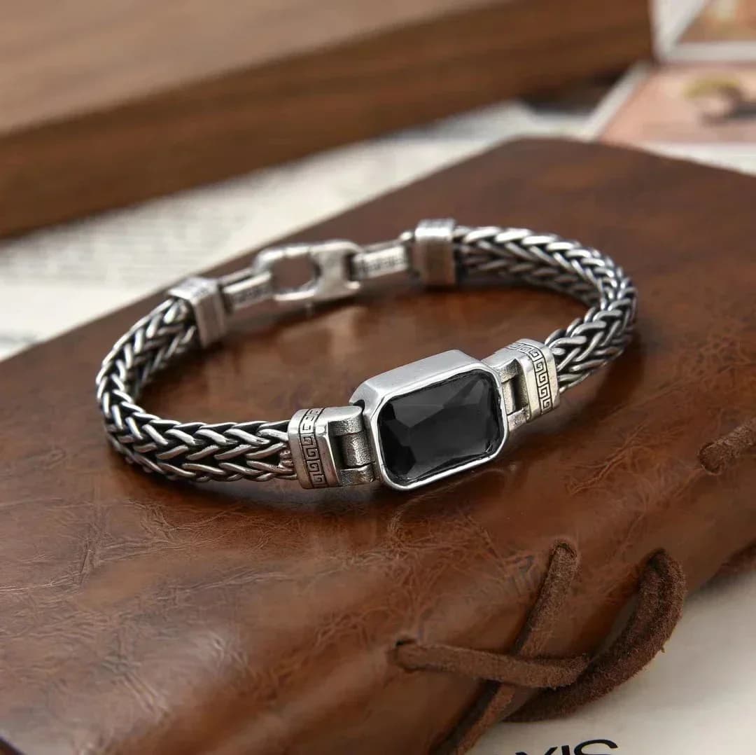 New Silver Color Couple Style Hand-Knitted Bracelet Old Vintage Black Stone Men Personalized Versatile 5MM Chain Fashion Jewelry