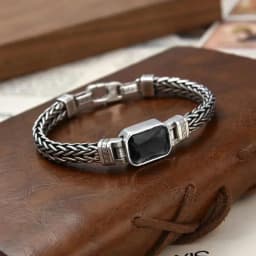 New Silver Color Couple Style Hand-Knitted Bracelet Old Vintage Black Stone Men Personalized Versatile 5MM Chain Fashion Jewelry