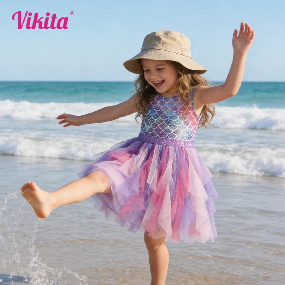 VIKITA Girls Mermaid Print Dress Kids Sleeveless Summer Vestidos Girls Patchwork Dresses Kids Layered Mesh Tulle Cake Dress