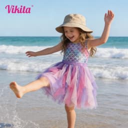 VIKITA Girls Mermaid Print Dress Kids Sleeveless Summer Vestidos Girls Patchwork Dresses Kids Layered Mesh Tulle Cake Dress