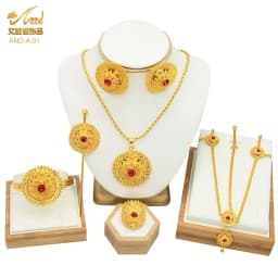 ANIID Ethiopian 24k Gold Plated 6PCS Jewelry Sets For Women Indian Dubai High Quality Necklace Set Wedding Party Gifts