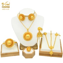 ANIID Ethiopian 24k Gold Plated 6PCS Jewelry Sets For Women Indian Dubai High Quality Necklace Set Wedding Party Gifts