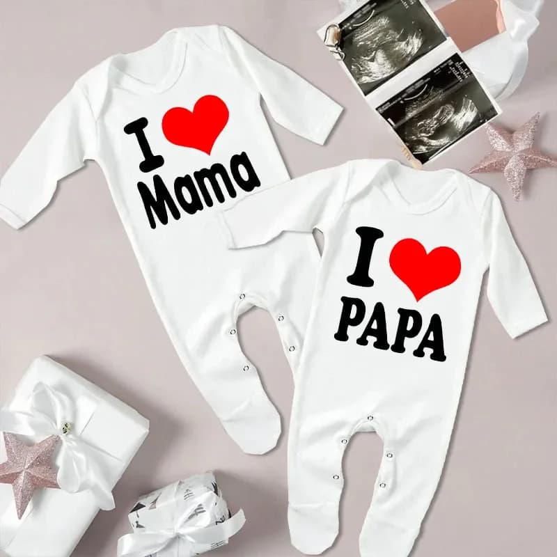 I Love Papa&I Love Mama Print Baby Sleepsuit Baby Coming Home Outfit Newbron Shower Gift Boy Girl Sleepsuit Infant White Romper
