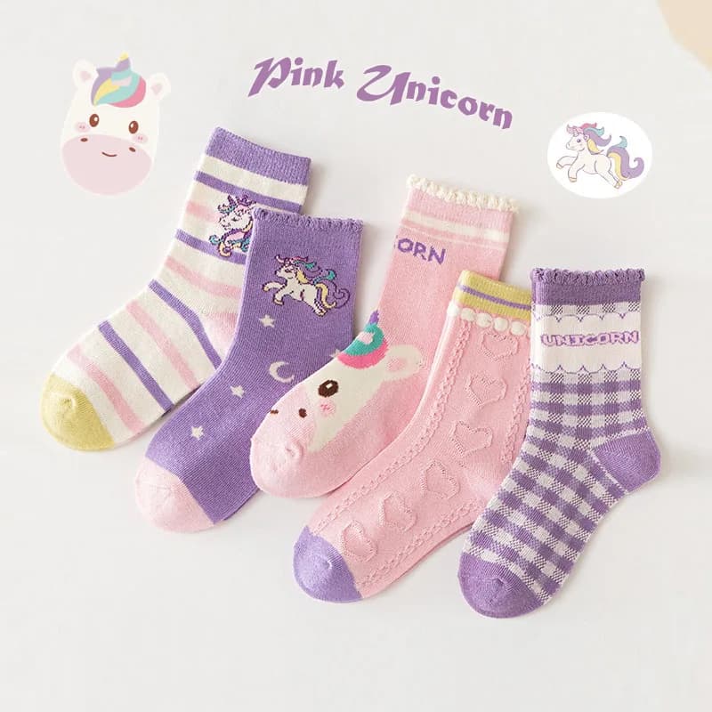 Spring Children's Socks Cute Cartoon Unicorn Pattern Cotton Socks Baby Girls Mid Calf Autumn Winter Socks 5 Pairs