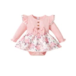 2PCS Baby Girl Princess Romper Dress Long Sleeved Lovely Ribbed Floral Jumpsuit with Headband for Newborn Baby Girl 0-18 Months