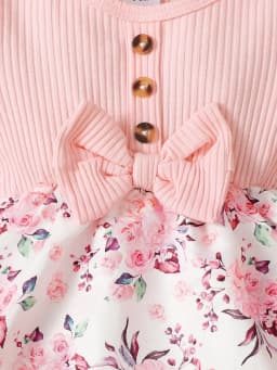 2PCS Baby Girl Princess Romper Dress Long Sleeved Lovely Ribbed Floral Jumpsuit with Headband for Newborn Baby Girl 0-18 Months
