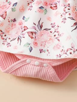 2PCS Baby Girl Princess Romper Dress Long Sleeved Lovely Ribbed Floral Jumpsuit with Headband for Newborn Baby Girl 0-18 Months