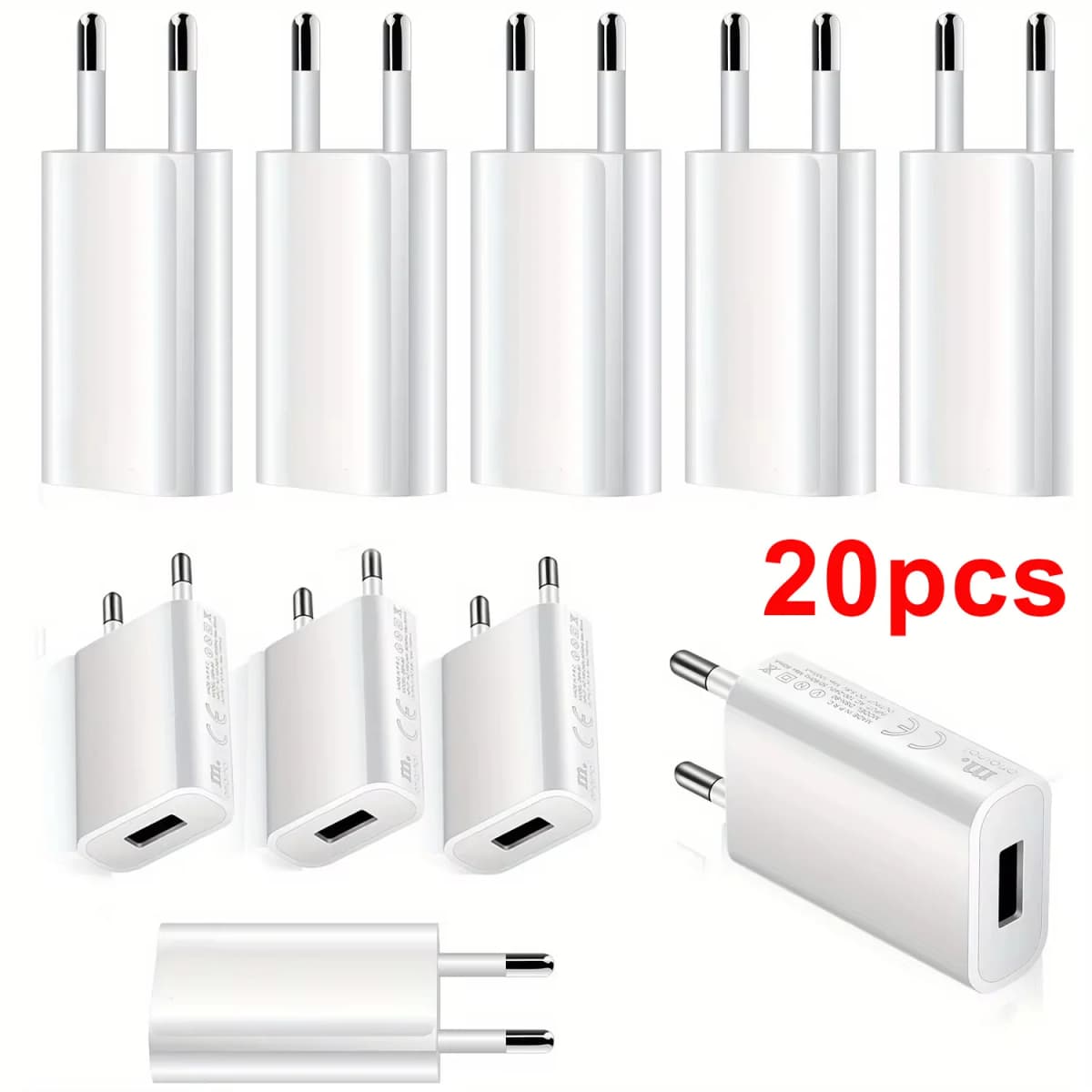 20pcs EU Plug 5V 1A USB Wall CellPhone Charger Portable Charging Block Travel Power Adapters for IPhone Samsung Xiaomi Huawei