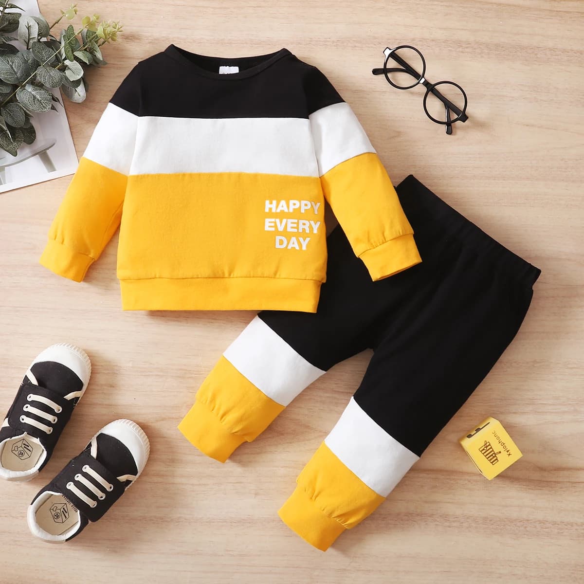 Male Baby Set Round Neck Color Blocked Long Sleeve+Pants 2pcs/Set 0-24 Months Male Baby Autumn Sports Style Set