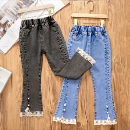 Korean Version of New Girl Denim Jeans Spring and Autumn Casual Denim Trousers Fashion Children Loose Wide-Leg Flared Pants 3-12