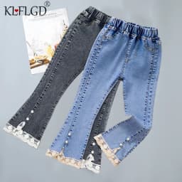 Korean Version of New Girl Denim Jeans Spring and Autumn Casual Denim Trousers Fashion Children Loose Wide-Leg Flared Pants 3-12