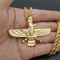 Punk Faravahar Ahura Mazda Zoroastrian Pendant Necklace Gold Color Stainless Steel Twist Rope Chains For Men Women Jewelry Gift