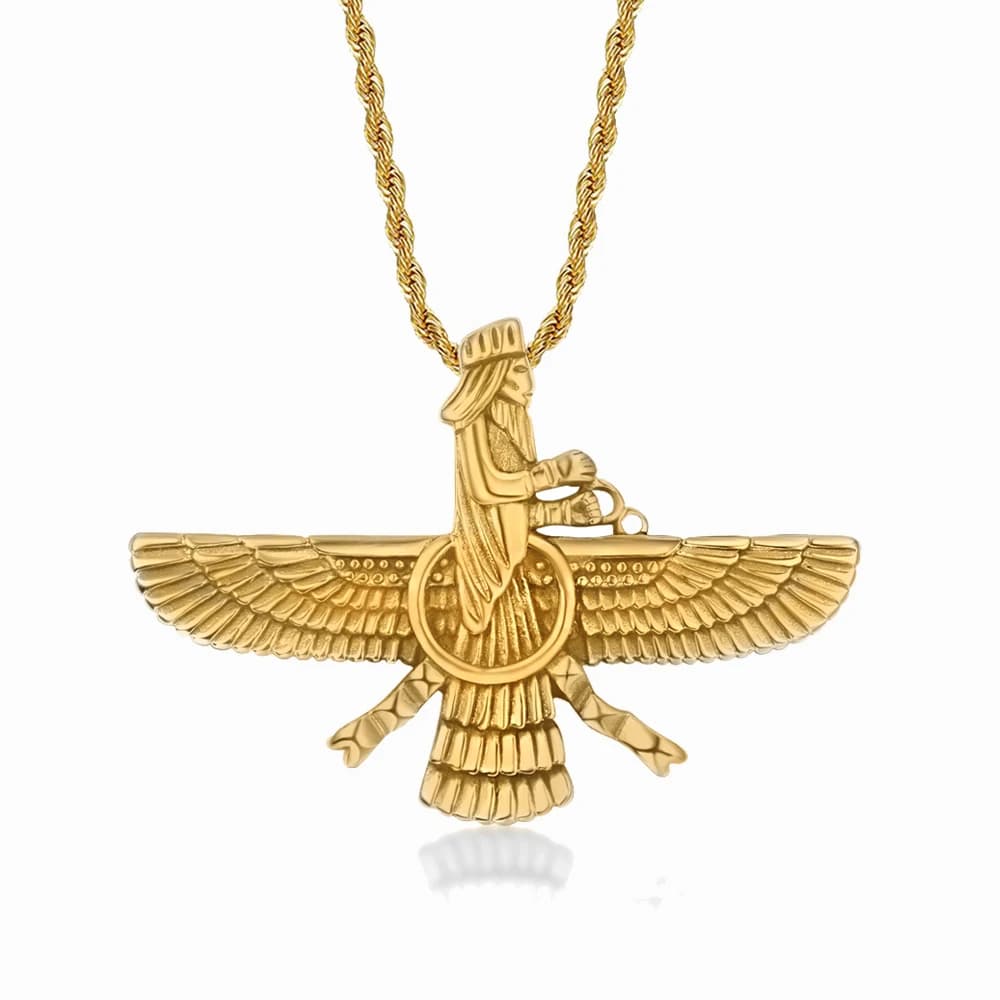 Punk Faravahar Ahura Mazda Zoroastrian Pendant Necklace Gold Color Stainless Steel Twist Rope Chains For Men Women Jewelry Gift